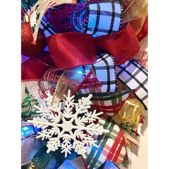 Handmade Christmas Gnome in Sleigh Holiday Ribbon Door Wreath 26 ins LED XLW2 - Picture 7 of 11